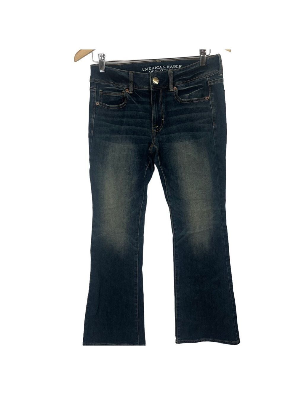 American Eagle Kick Boot Cut Stretch Mud Rise Blue Embroidered Jeans 6 Short